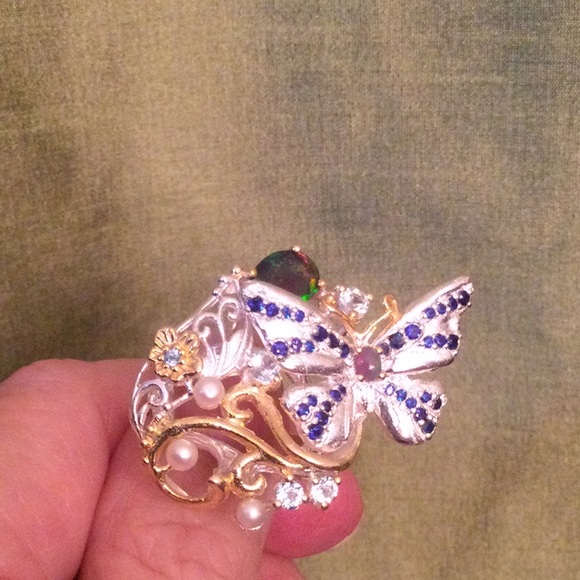 Breathtaking Genuine Sapphire, Black Opals Ring - Picture 8 of 14